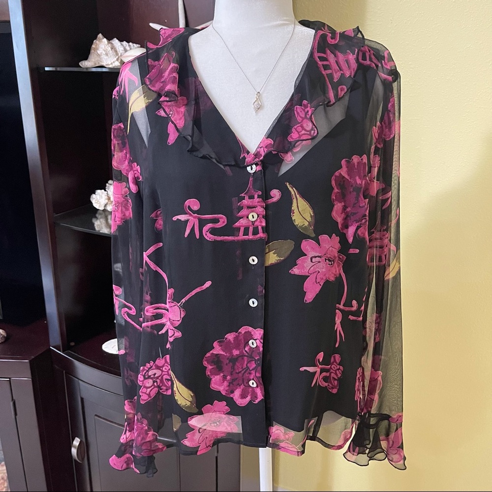 Sheer Black Blouse with Pink Floral Print
